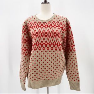 J. Crew Red Diamond Crew Neck 100% Lambs-wool Knit Sweater, Size Large